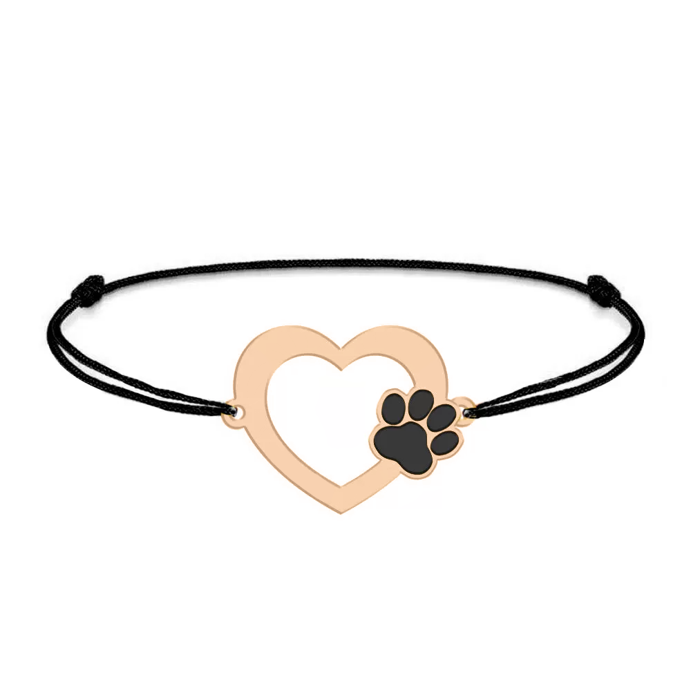 Paw Lover - Bratara personalizata snur cu inimioara si labuta din argint placat cu aur roz